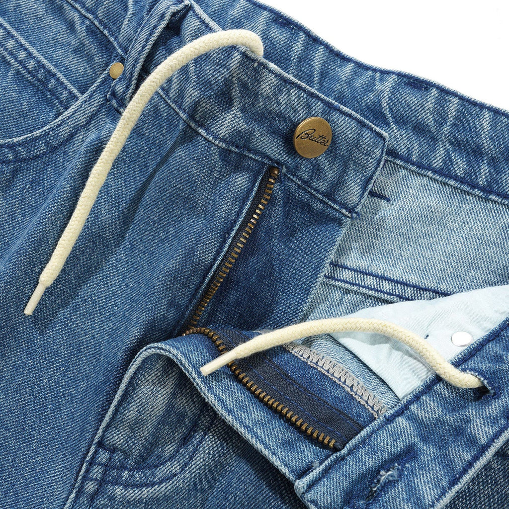 Straight Leg Denim Jeans - Distressed Indigo Clair